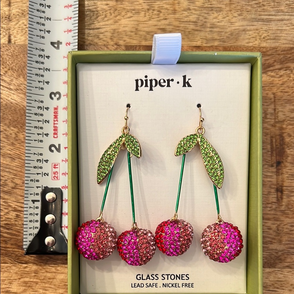 Piper K 🍒 Pink and Green Cherry Earrings with Sparkling Crystals NWT - Picture 4 of 4
